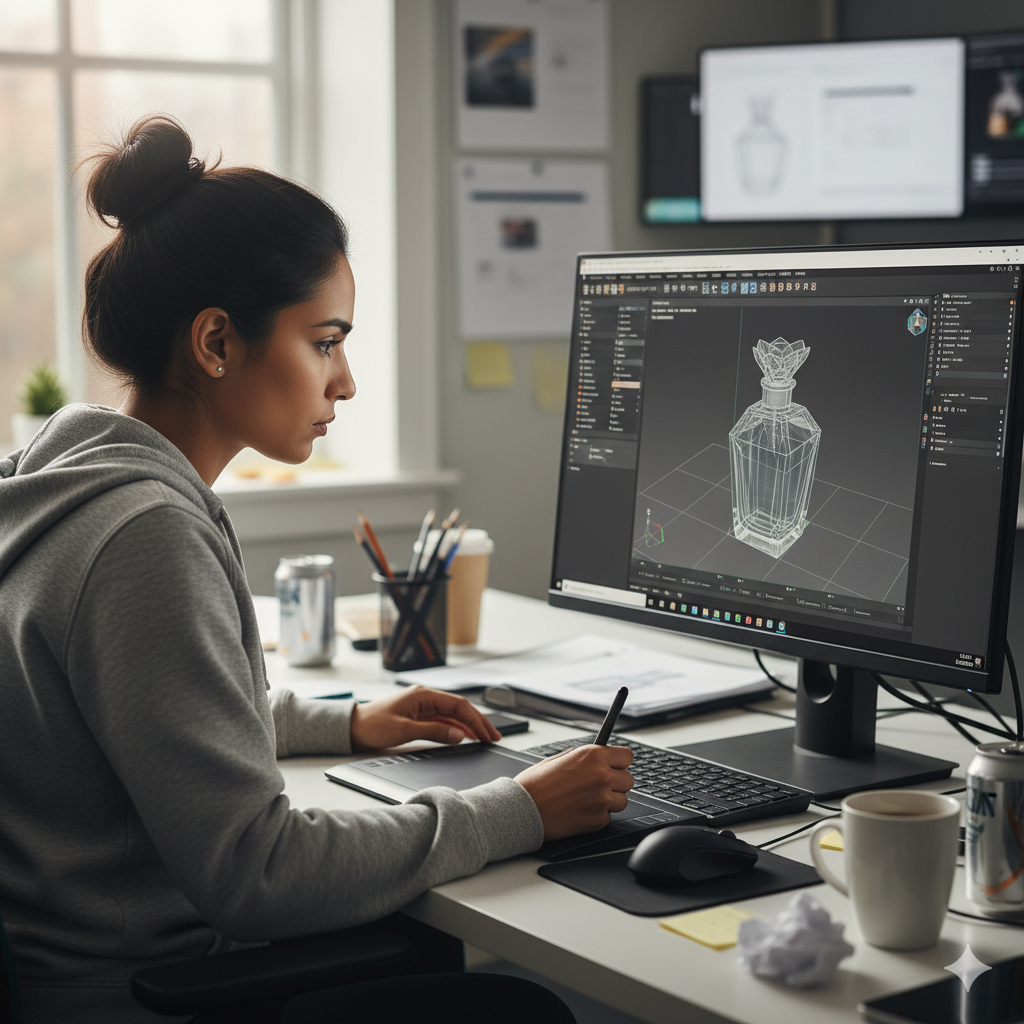 An engineer reviewing a 3D model of a custom perfume bottle