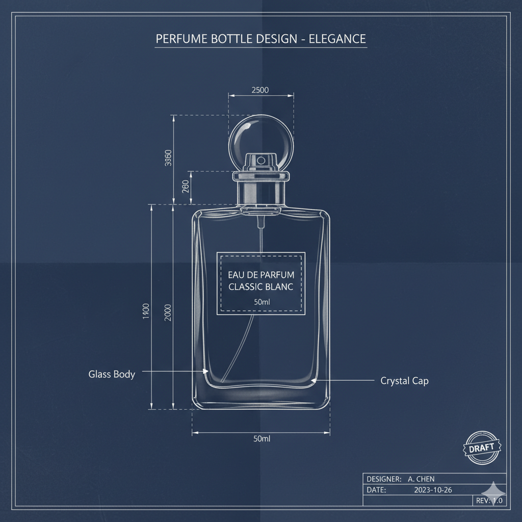 A custom perfume bottle design being turned into a real glass bottle